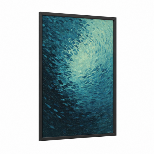 Ocean Awakening framed snorkeling print — black wood frame — teal and turquoise palette