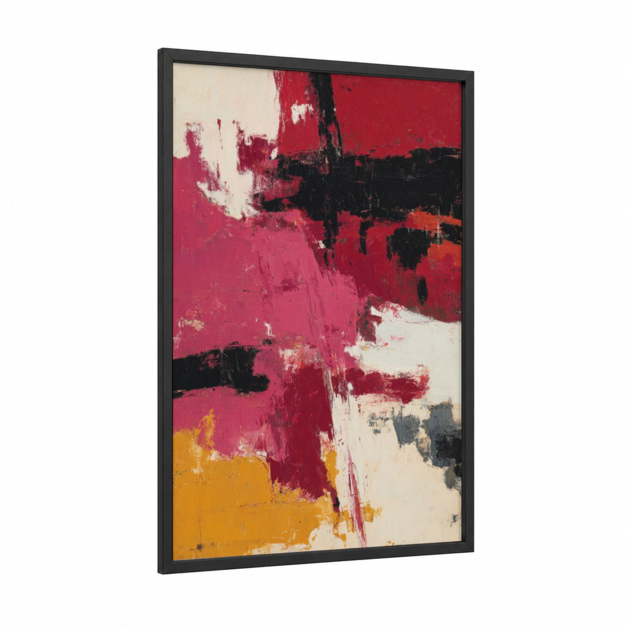 Crimson Abstraction framed abstract expressionism print — black wood frame — magenta and black and red palette