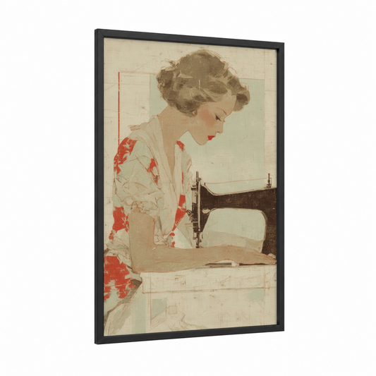 Vintage Seamstress framed labor day print — black wood frame — beige and red palette