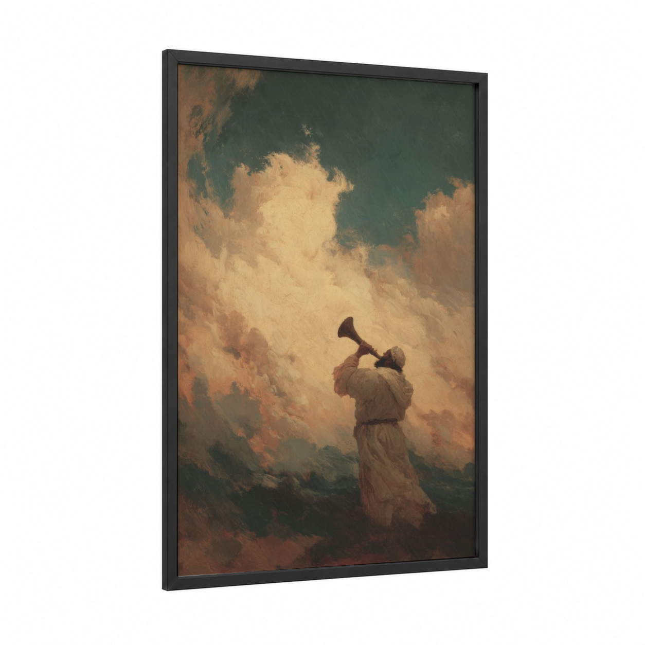 Heavenly Shofar framed judaism print — black wood frame — gold and teal palette