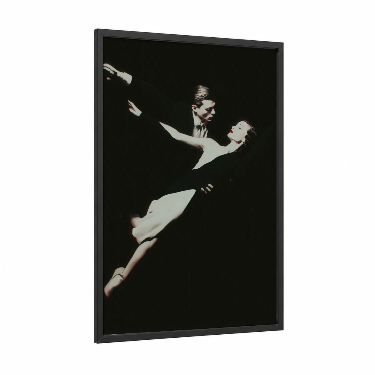Airborne Romance framed swing dance print — black wood frame — black and white palette