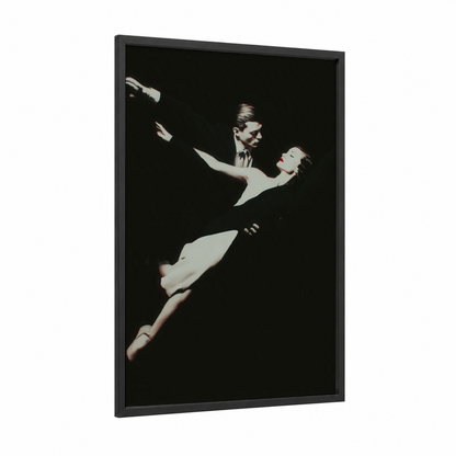 Airborne Romance framed swing dance print — black wood frame — black and white palette
