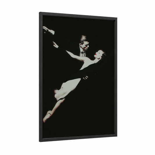 Airborne Romance framed swing dance print — black wood frame — black and white palette