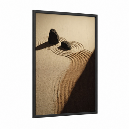Zen Stone Ripples framed natural stones print — black wood frame — beige and black palette
