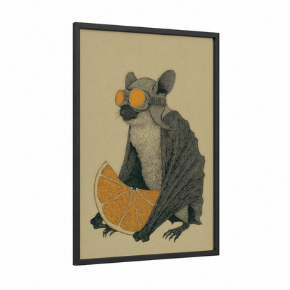 Steampunk Bat framed art print — black wood frame — cream and gold palette
