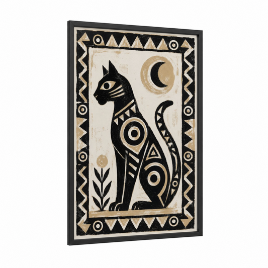 Geometric Cat Moon Wall Art framed art print — black wood frame — black and white and beige palette