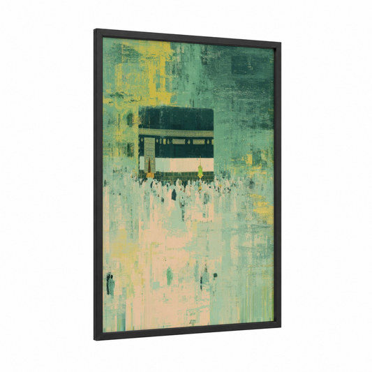 Sacred Pilgrimage framed masjid al haram print — black wood frame — light green and peach palette