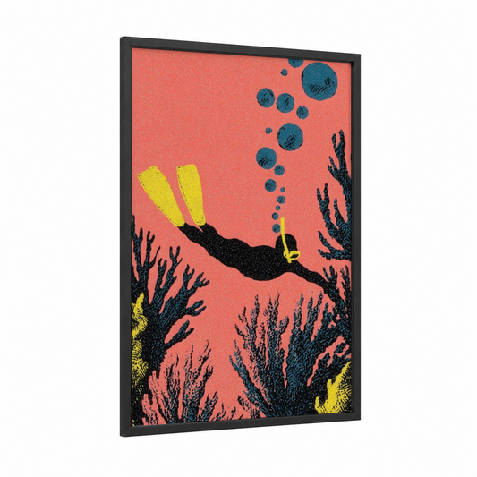 Coral Reef Diver framed snorkeling print — black wood frame — red and teal palette