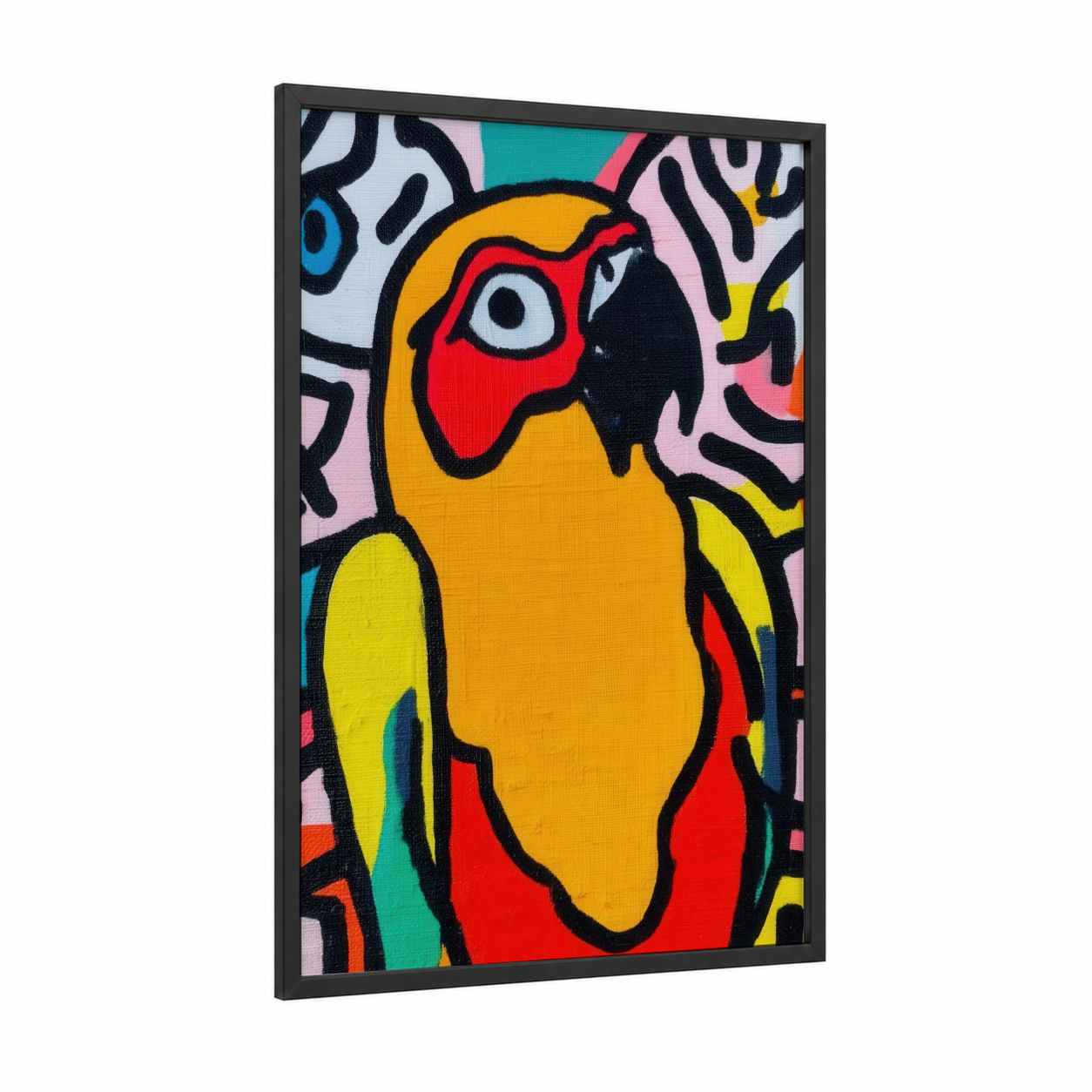 Vibrant Parrot Pop framed safari parrots print — black wood frame — gold and red palette