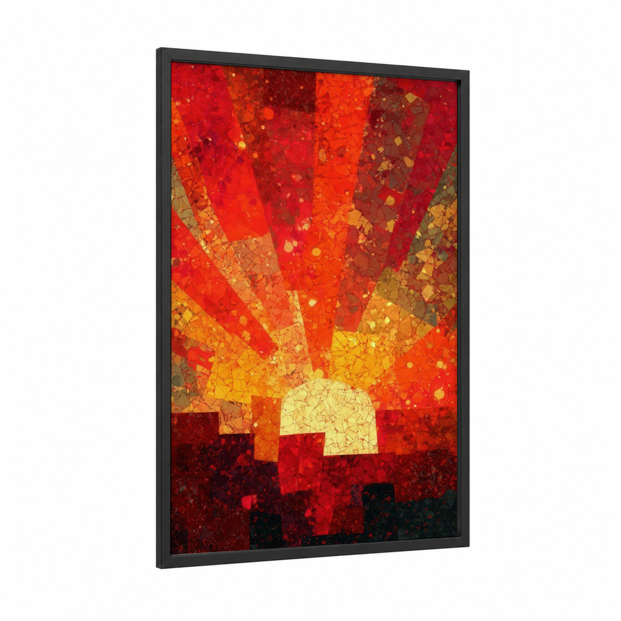 Radiant Sunrise framed the sun print — black wood frame — red and gold palette