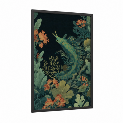 Emerald Nudibranch framed art print — black wood frame — dark green and orange palette