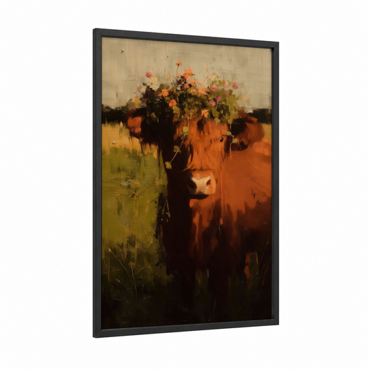Flower Crown Highland framed highland cow print — black wood frame — gold and orange palette