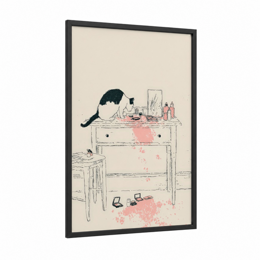 Artistic Beauty Setup framed make up print — black wood frame — cream and salmon pink palette