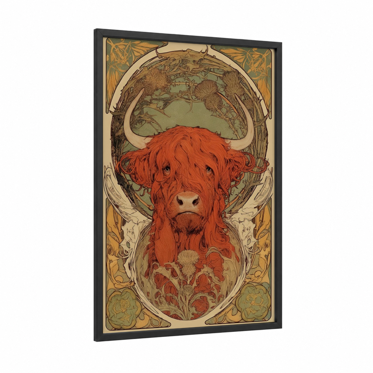 Highland Cattle Portrait framed highland cow print — black wood frame — russet and sage green palette