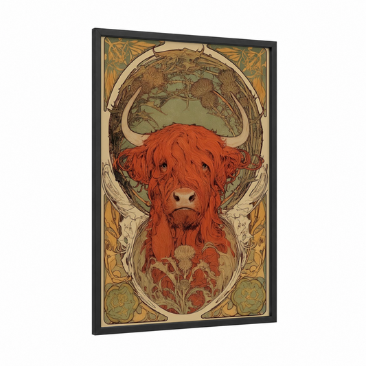 Highland Cattle Portrait framed highland cow print — black wood frame — russet and sage green palette