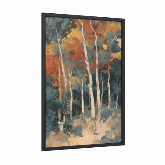 Autumn Eucalyptus framed eucalyptus forest print — black wood frame — russet and gold palette