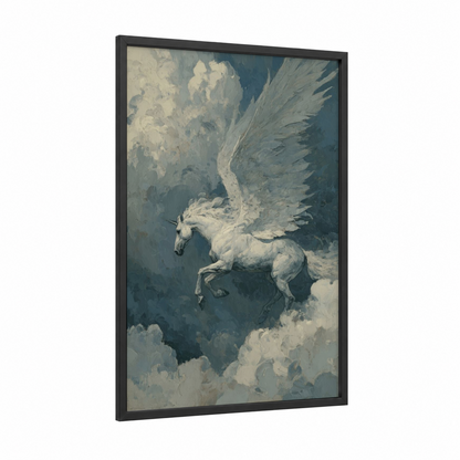 Celestial Pegasus framed art print — black wood frame — white and blue and gray palette
