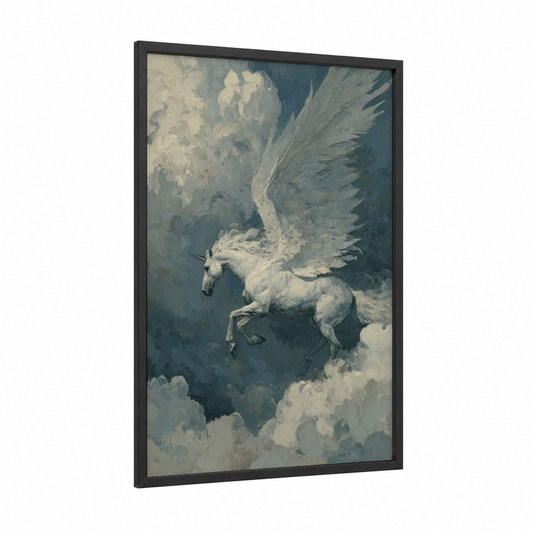 Celestial Pegasus framed art print — black wood frame — white and blue and gray palette