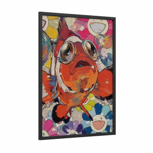 Playful Clown Fish framed art print — black wood frame — orange and magenta palette