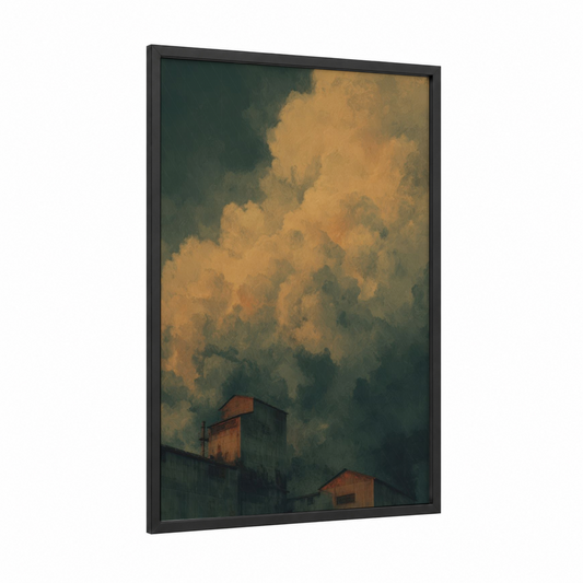 Approaching Storm framed art print — black wood frame — gold and dark green palette
