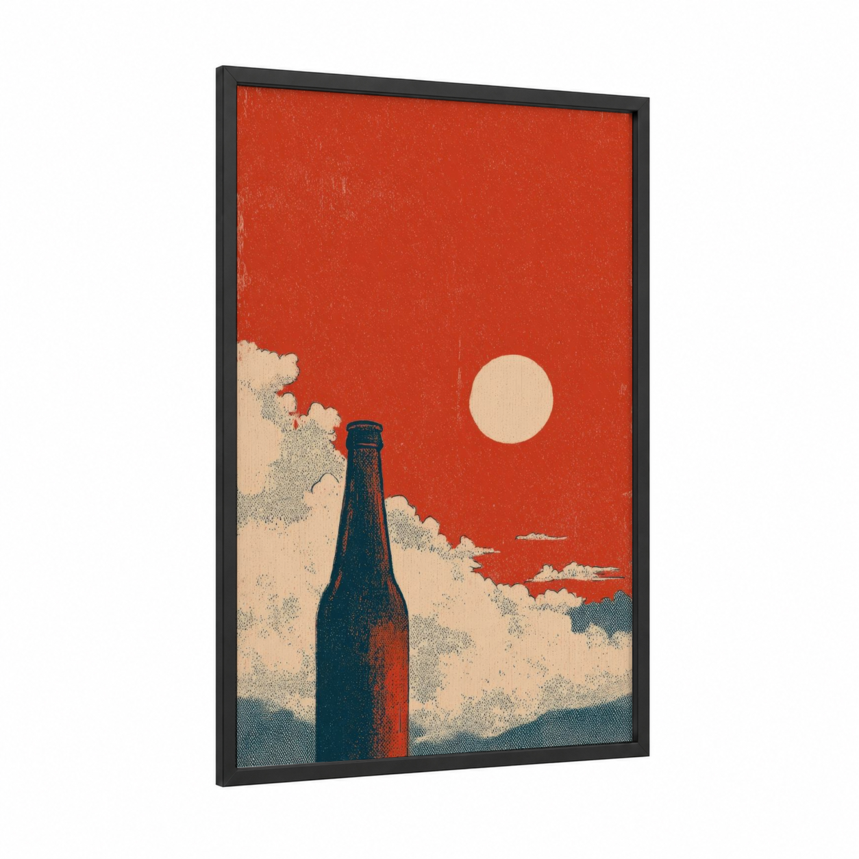 Sunset Beer framed art print — black wood frame — red and cream palette