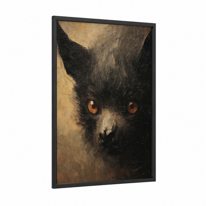 Amber-Eyed Bat framed art print — black wood frame — black and gold palette
