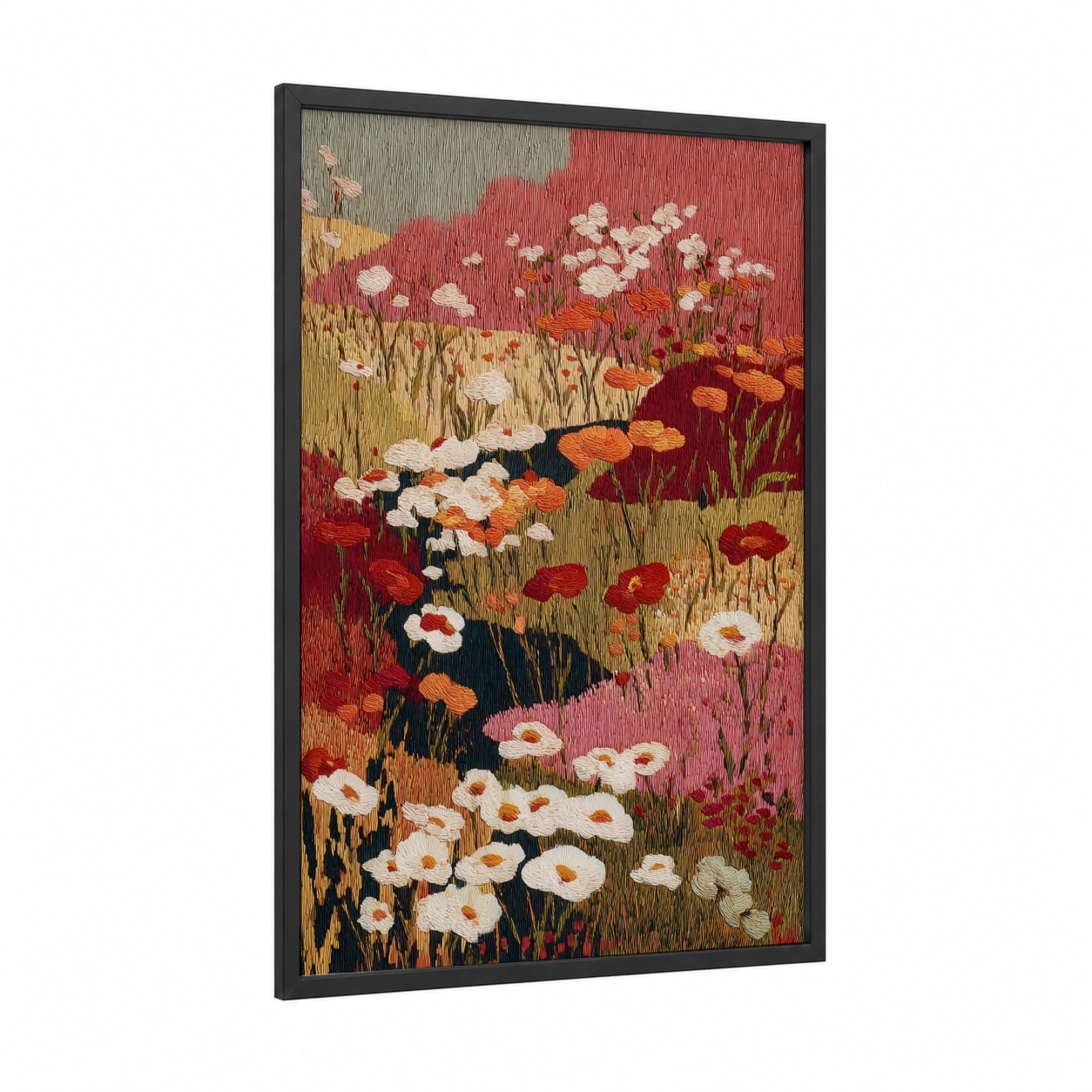 Wildflower Meadow framed flower field print — black wood frame — red and gold palette