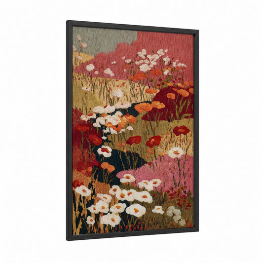 Wildflower Meadow framed flower field print — black wood frame — red and gold palette