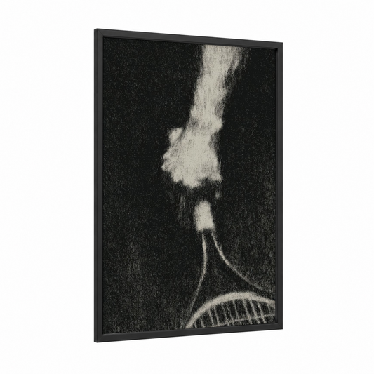 Dynamic Badminton Serve framed art print — black wood frame — black and white palette