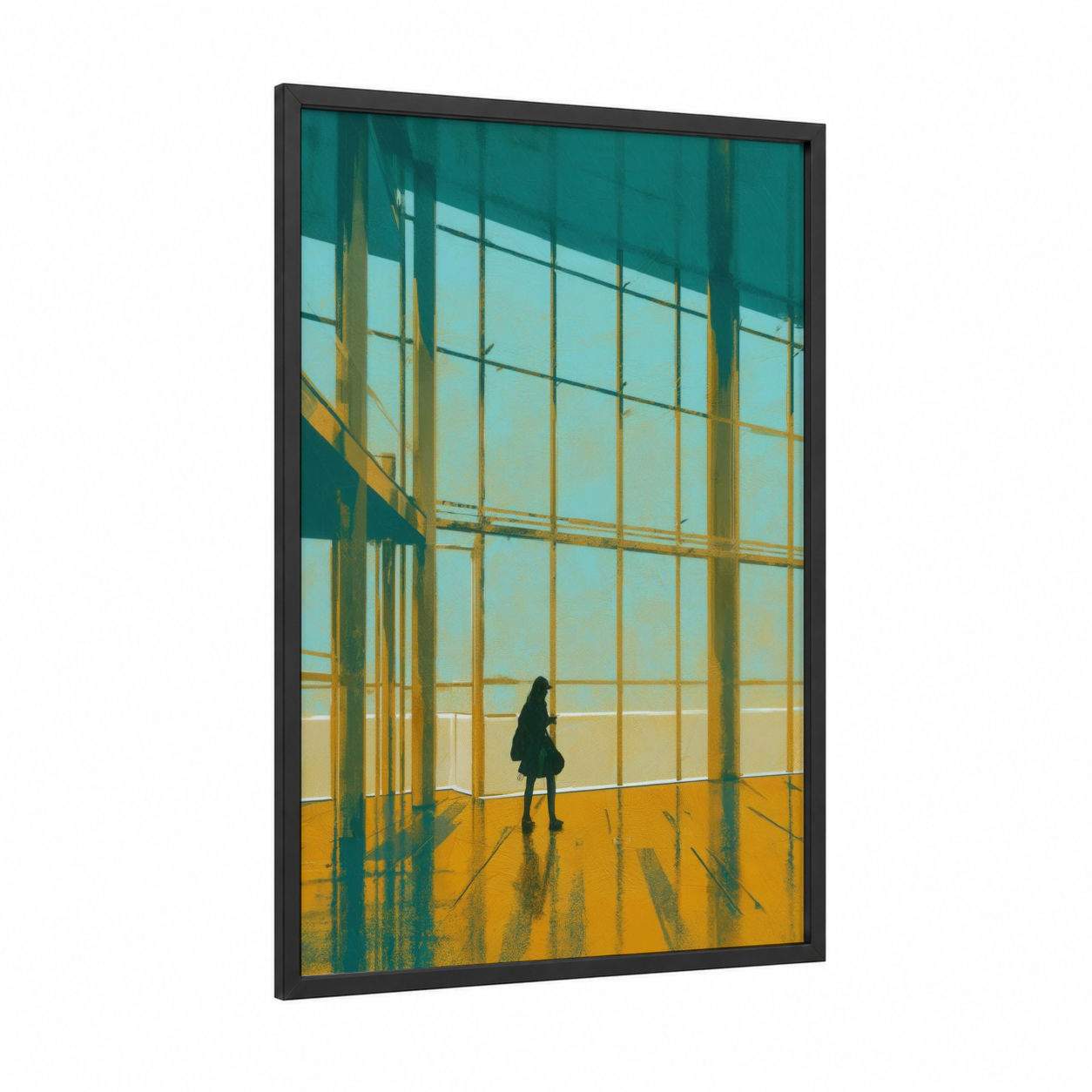 Solitude Atrium framed abstract architecture print — black wood frame — teal and gold palette