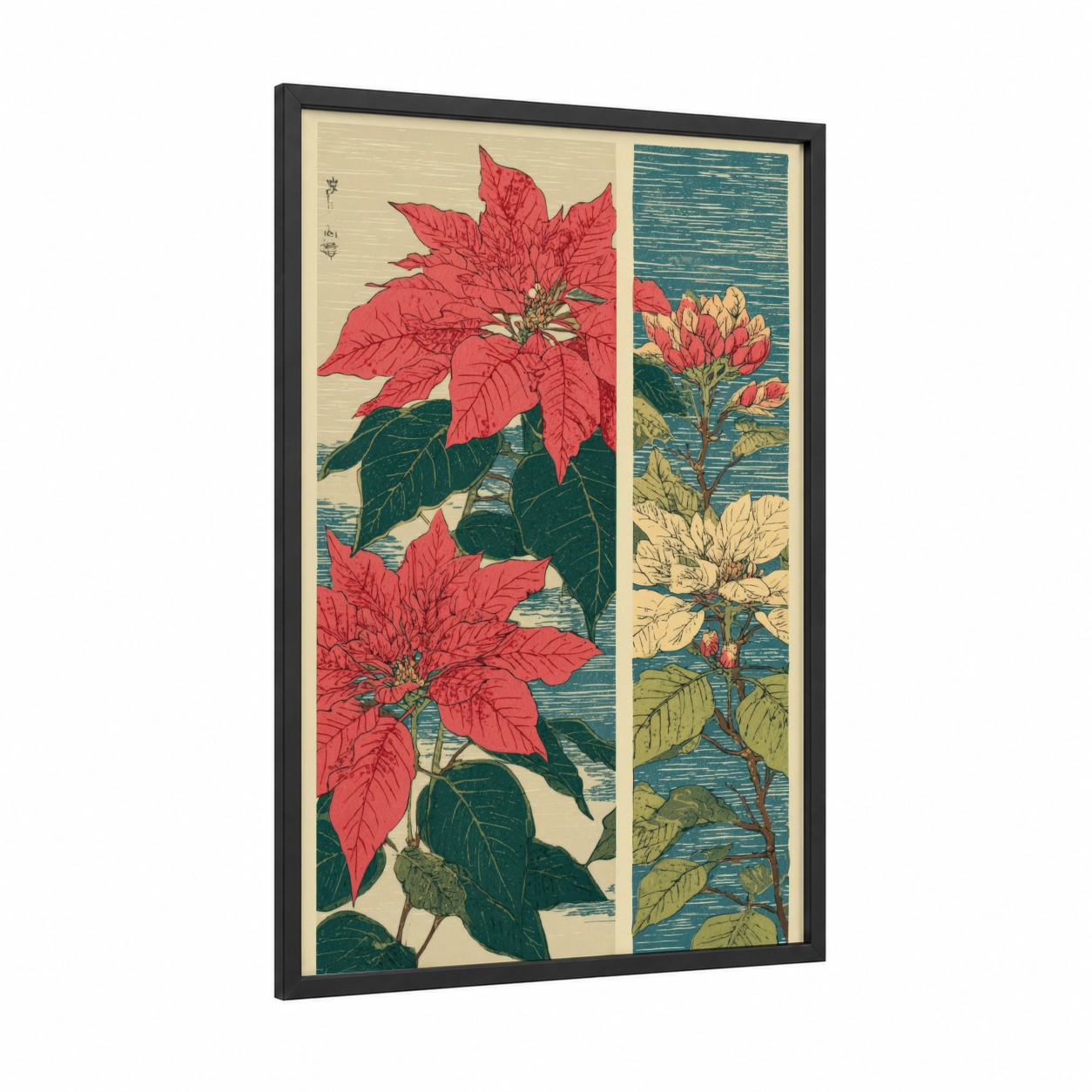Crimson Poinsettia Diptych framed poinsettias print — black wood frame — red and teal palette