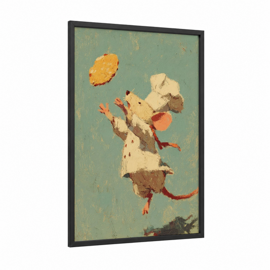 Playful Mouse framed mice print — black wood frame — sage green and gold palette