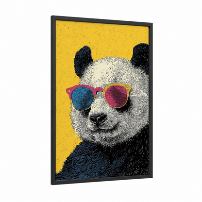 Cool Panda Vibes framed art print — black wood frame — yellow gold and black and white palette
