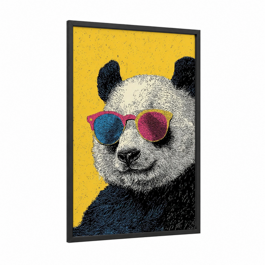Cool Panda Vibes framed art print — black wood frame — yellow gold and black and white palette
