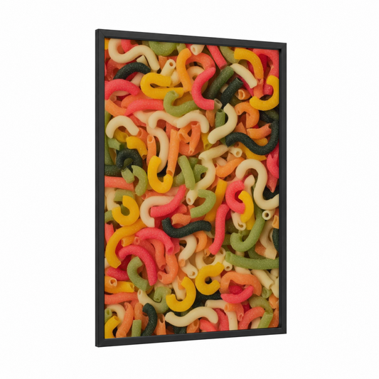 Colorful Pasta Mix framed art print — black wood frame — red and yellow palette