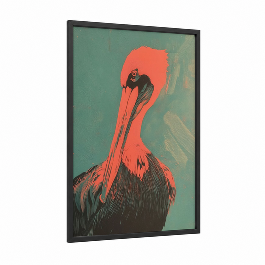 Coral Pelican framed art print — black wood frame — red and teal palette