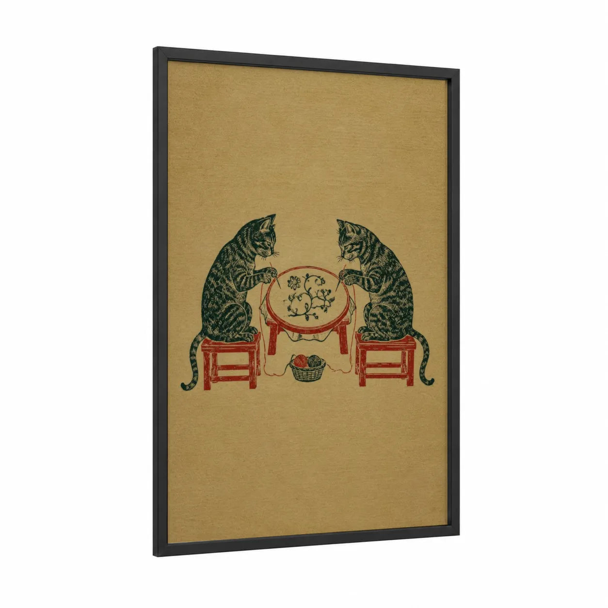 Japanese Cats at Tea Table Wall Art framed art print — black wood frame — beige and dark green palette