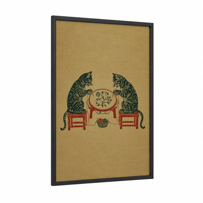 Japanese Cats at Tea Table Wall Art framed art print — black wood frame — beige and dark green palette