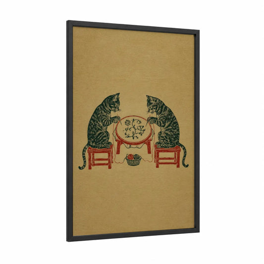 Japanese Cats at Tea Table Wall Art framed art print — black wood frame — beige and dark green palette
