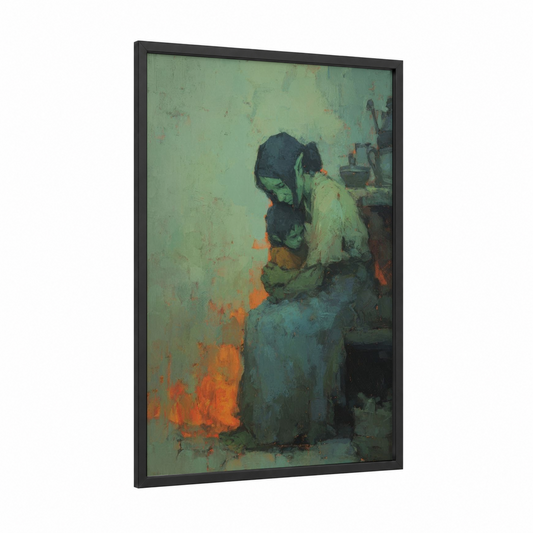 Weary Orc Guardian framed art print — black wood frame — light green and russet palette