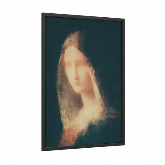 Serene Virgin Mary framed art print — black wood frame — teal and gold palette
