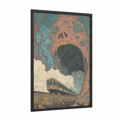 Skull Mountain Train framed art print — black wood frame — teal and russet palette