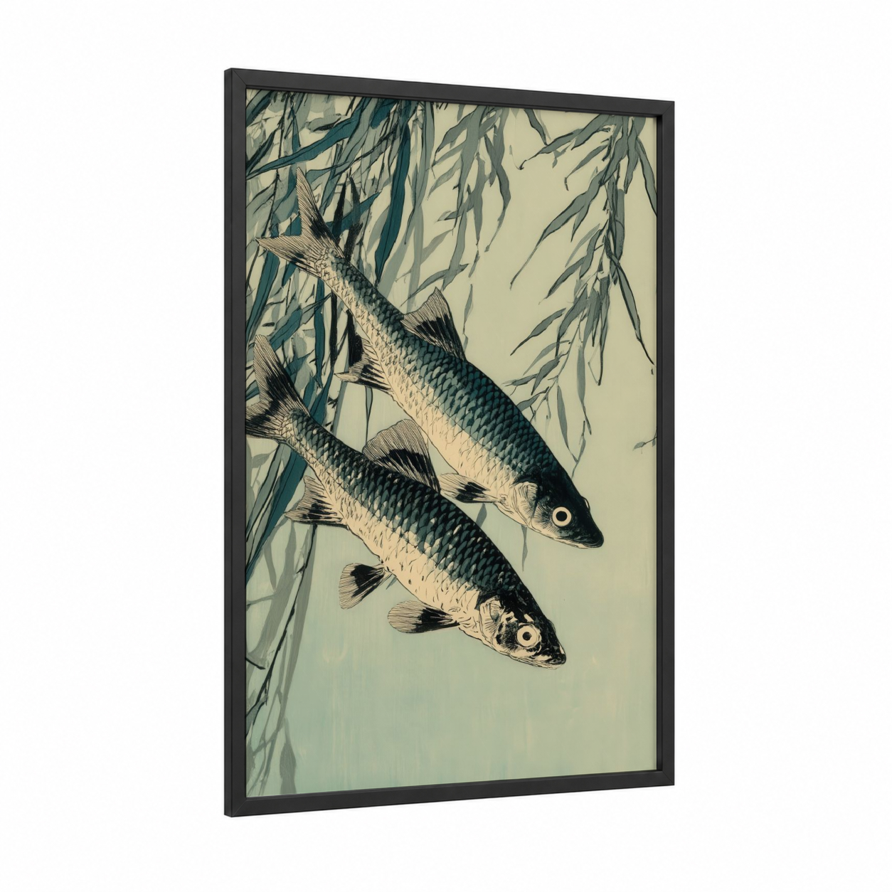 Striped Zebrafish Pair framed art print — black wood frame — cream and teal palette