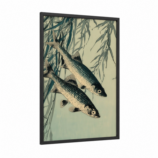 Striped Zebrafish Pair framed art print — black wood frame — cream and teal palette