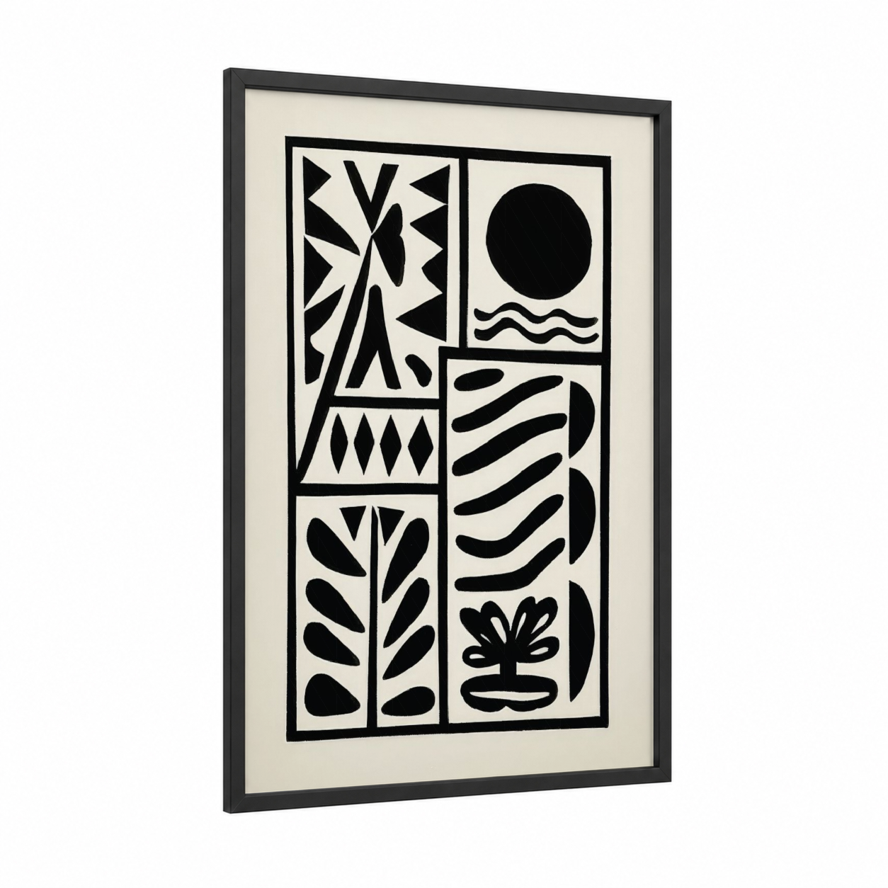 Geometric Botanical framed abstract minimalist print — black wood frame — black and white palette