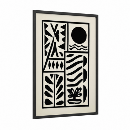 Geometric Botanical framed abstract minimalist print — black wood frame — black and white palette