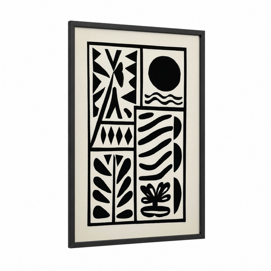 Geometric Botanical framed abstract minimalist print — black wood frame — black and white palette