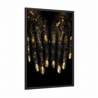 Golden Glitter Nails framed art print — black wood frame — black and gold and gold palette