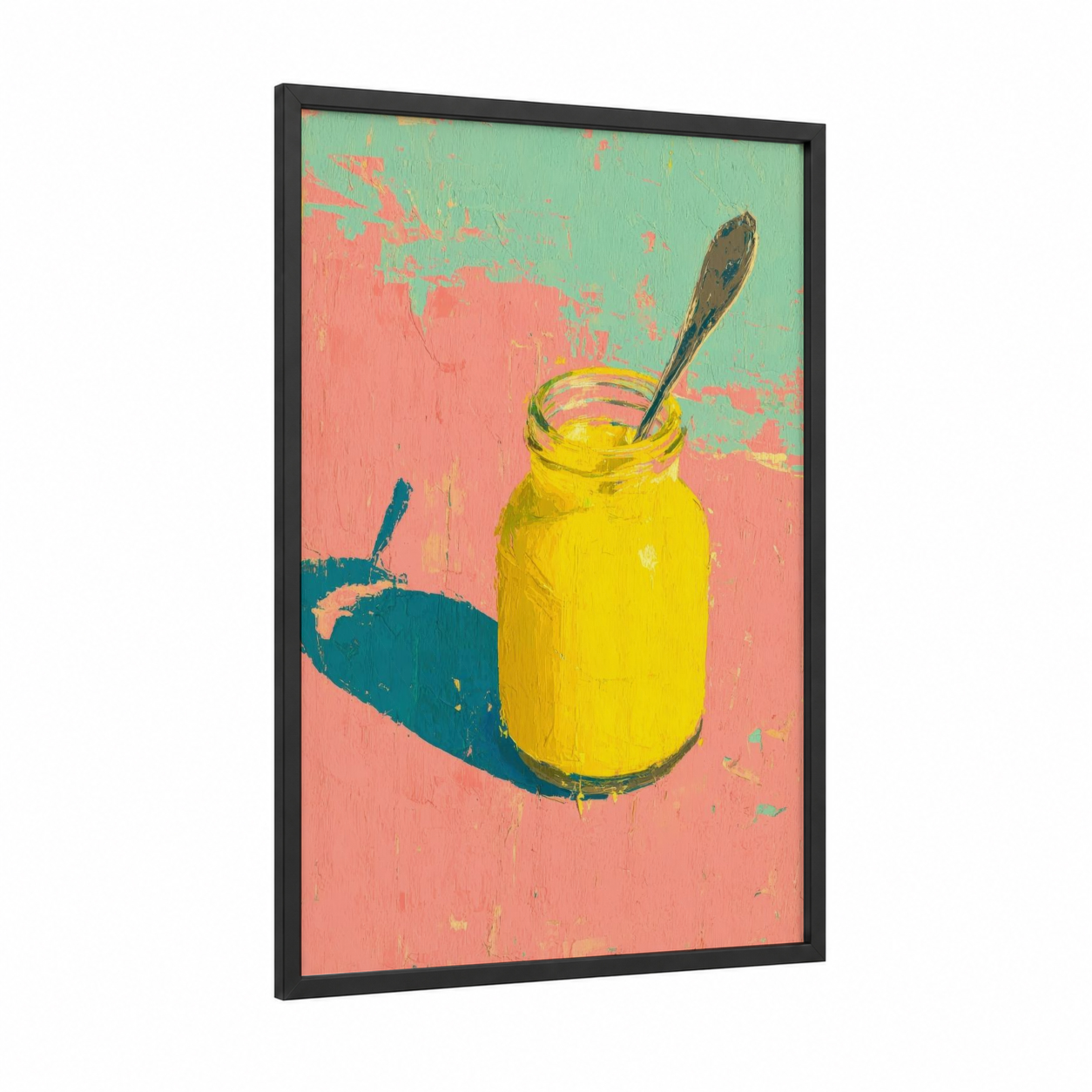 Sunny Condiment Jar framed condiments print — black wood frame — yellow and pink palette