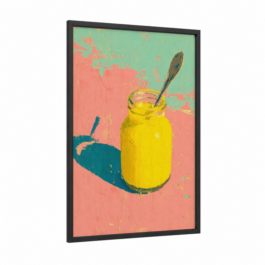 Sunny Condiment Jar framed condiments print — black wood frame — yellow and pink palette